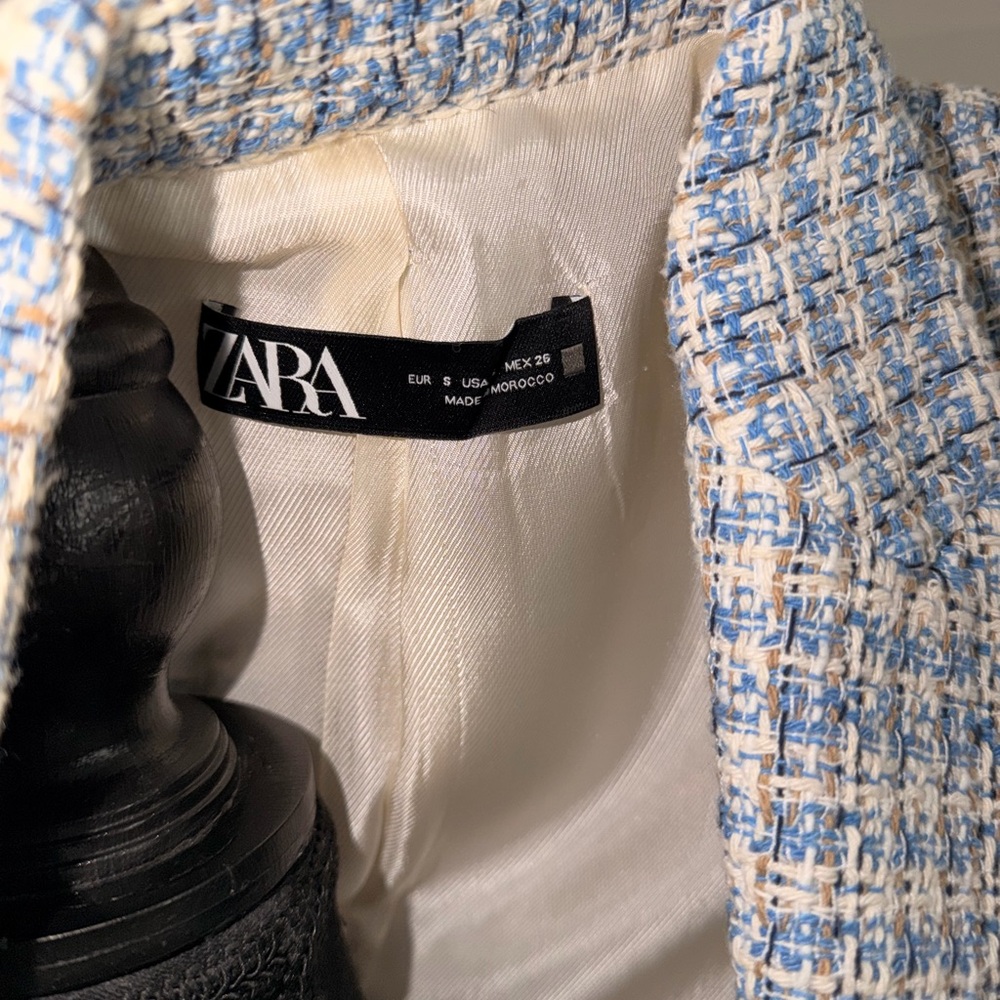 ZARA Blue & Cream Tweed Blazer - Picture 7 of 7